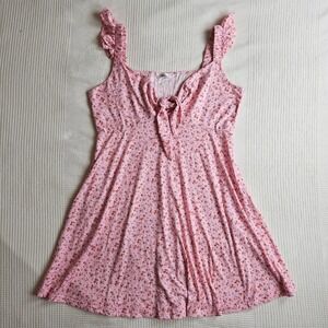Loemes Pink Floral Print Garden Spring Flutter Sleeve Tie Front Mini Dress XL